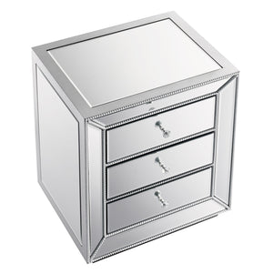 English Elm Three Drawer Mirrored Cabinet with Pearl Lacquer Finish and Crystal Pulls for Glam Decor W1005P416743