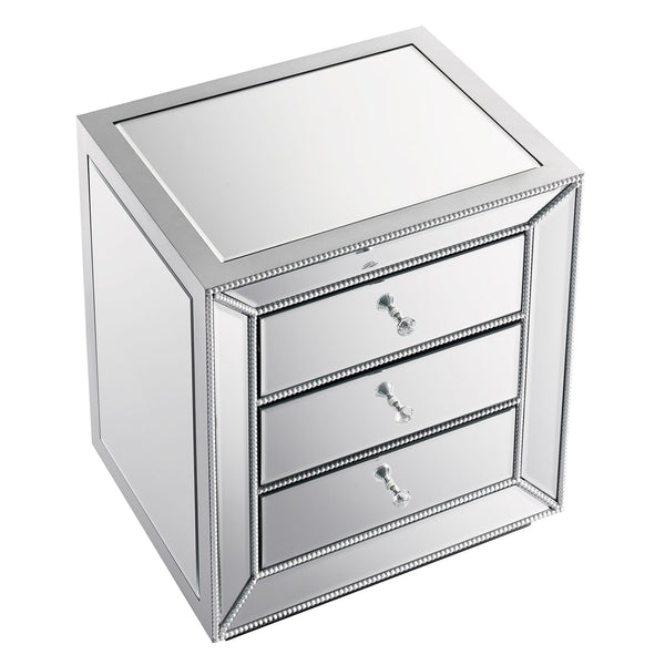English Elm Three Drawer Mirrored Cabinet with Pearl Lacquer Finish and Crystal Pulls for Glam Decor W1005P416743