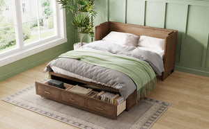 English Elm Queen Cabinet Murphy Bed Pine Wood Frame Geometric Panel Usb Charging Guest Room W504S00306