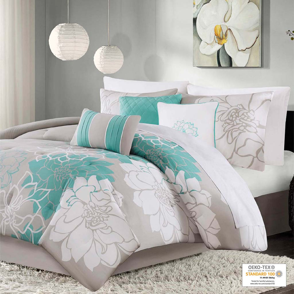 JLA Home Madison Park - Printed Cotton Sateen Comforter Set – Floral & Stripe Aqua Taupe Design, OEKO-TEX, Pillows & Skirt MP10-2641
