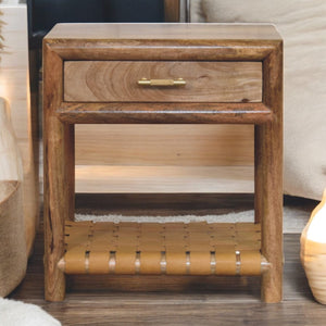 English Elm Regency Handcrafted Oak-ish Nightstand with Leather Woven Shelf, Solid Mango Wood, Brass Drawer Handle B182P302627