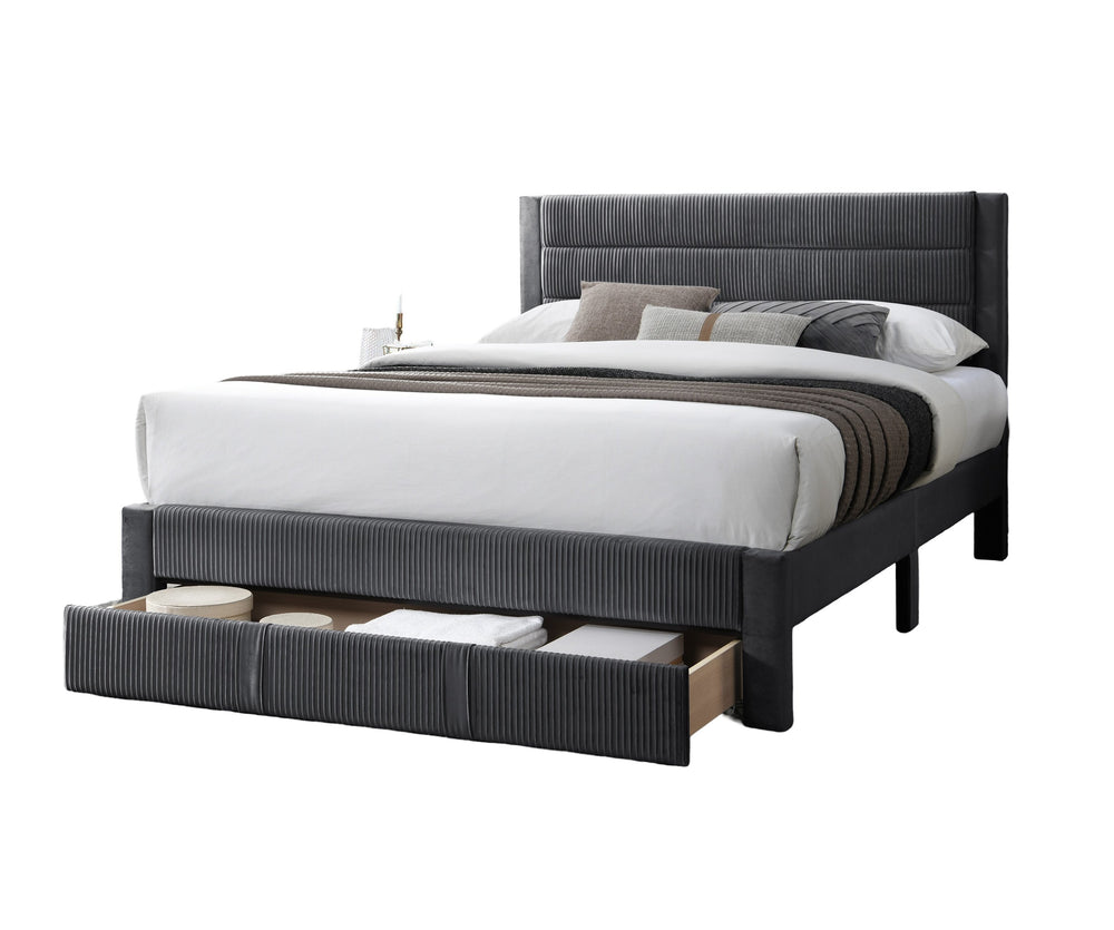 English Elm Luxury Corduroy Upholstered Queen Bed with Horizontal Channel Tufted Headboard and Storage Drawer Charcoal 62 L x 24 W x 10 H B011P238964