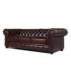 English Elm Traditional Tufted Leather Chesterfield Sofa with Feather-Down Cushions, Nailhead Trim & Wood Legs Brown B193P200145