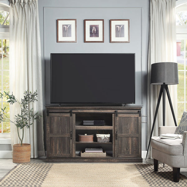 English Elm Myrtle 60" TV Stand with Sliding Doors and 7 Shelves, Steel Handles, Cable Management, Textured Finish Antique brown B365P398316