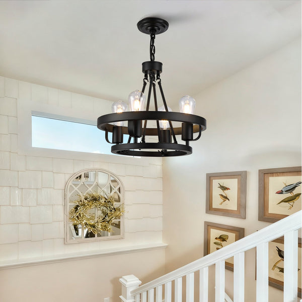 English Elm Four-light Wagon Wheel Pendant Matte Black Metal Industrial Plug-in Dining Fixture W2991P407027