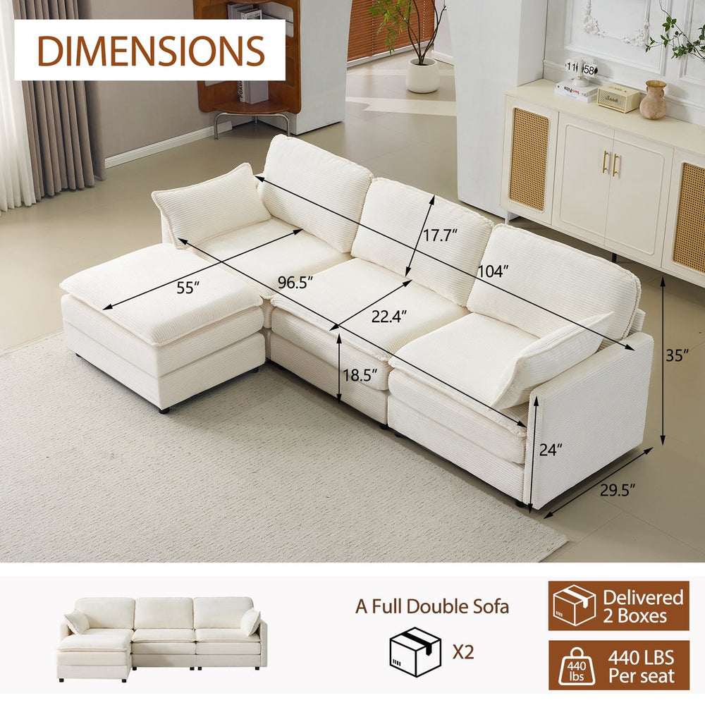 English Elm 104" Plush Cloud Modular 3-Seater Sofa with Ottoman, Beige Corduroy, High-Resilience Foam Comfort W1829S00063
