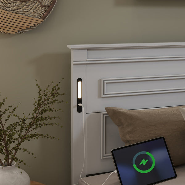 English Elm King Pine Wood Storage Bed with Led Lighting Usb Charging Tall Panel Headboard White W504S00269