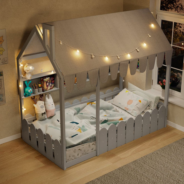English Elm {slats Are Not Included} Twin Montessori House Floor Bed Kids Tent Lights Shelves Pinewood Frame Gray N708P407962E
