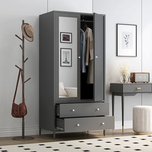 English Elm Metal Armoire Retro Steel Wardrobe with Mirror Door, 2 Drawers, Hanging Rod & Magnetic Closure, Dark Gray W2378P176281
