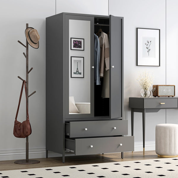 English Elm Metal Armoire Retro Steel Wardrobe with Mirror Door, 2 Drawers, Hanging Rod & Magnetic Closure, Dark Gray W2378P176281
