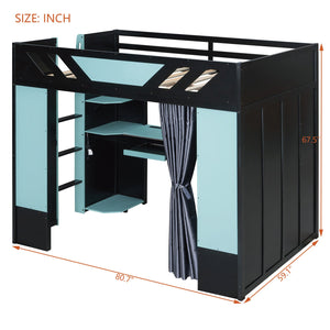 English Elm Full Size Loft Bed with Desk Blackout Curtains Rgb Lighting and Integrated Storage Black+Blue LT000377AAC