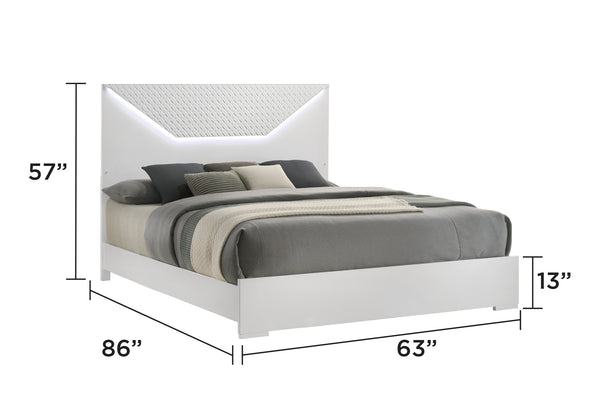 English Elm Blanca Modern Queen Bed With Led Headboard & Stylish White Lacquer Finish For Contemporary Bedrooms B009S01387