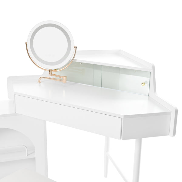 English Elm Corner Makeup Vanity Desk with 360° Rotating LED Mirror, Adjustable Brightness, L-Shaped Corner Design and Pull-Out Storage for Small Spaces White N844P263663A