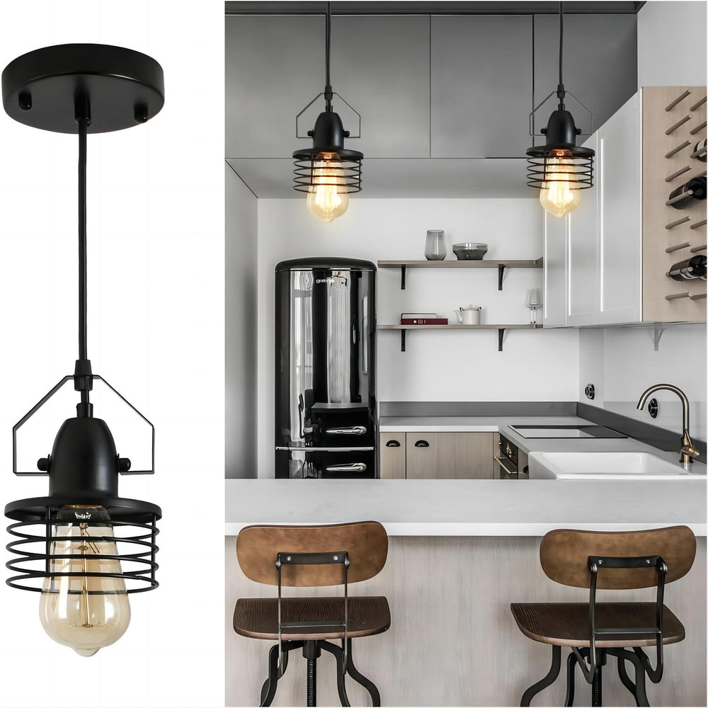 English Elm Industrial Spring Cage Pendant Light — Rustic Metal E26 Dimmable Downlight for Kitchen Island, Entryway T3177P284005