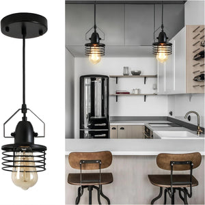 English Elm Industrial Spring Cage Pendant Light — Rustic Metal E26 Dimmable Downlight for Kitchen Island, Entryway T3177P284005