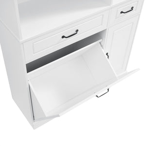 English Elm Tall Freestanding Organizer Cabinet with Tilt-Out Hamper, 2 Drawers, Adjustable Shelves, Modern White MDF Storage N725S352451K