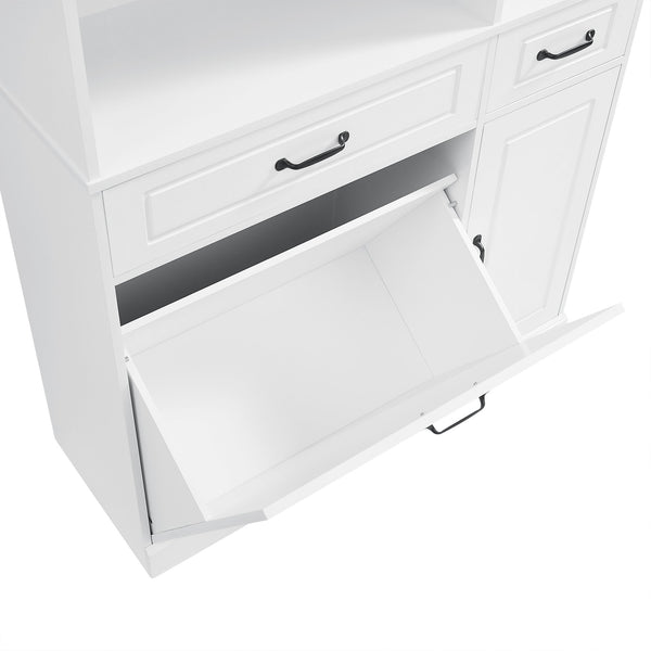English Elm Tall Freestanding Organizer Cabinet with Tilt-Out Hamper, 2 Drawers, Adjustable Shelves, Modern White MDF Storage N725S352451K