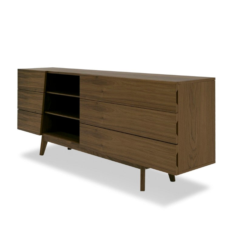 VIG Furniture Abelard Mid-Century Walnut Dresser With 6 Drawers & 3 Open Shelves, Tapered Solid-Wood Legs, 78" VGBBMC1707-DRS
