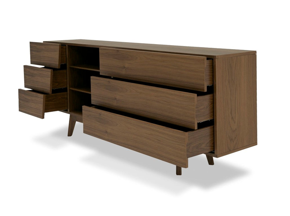 VIG Furniture Abelard Mid-Century Walnut Dresser With 6 Drawers & 3 Open Shelves, Tapered Solid-Wood Legs, 78" VGBBMC1707-DRS