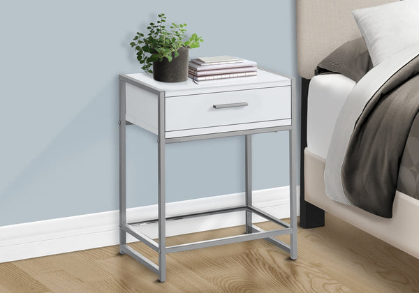 English Elm Accent Table with Storage Drawer and Glass Shelf, Modern Metal Frame End Table for Living Room Bedroom White 25 L x 14 W x 9 H B2710P219316