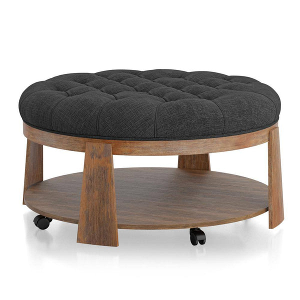 English Elm Wire-brushed Rustic Ottoman with Deep Button Tufting, Padded Linen-Like Seat & Open Shelf, 40¾" DIA Dark Gray 44 L x 44 W x 10 H B011P184967