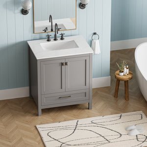 English Elm Freestanding Bathroom Vanity Solid Wood Frame Carrara Marble Top Soft Close Storage W1573S00086