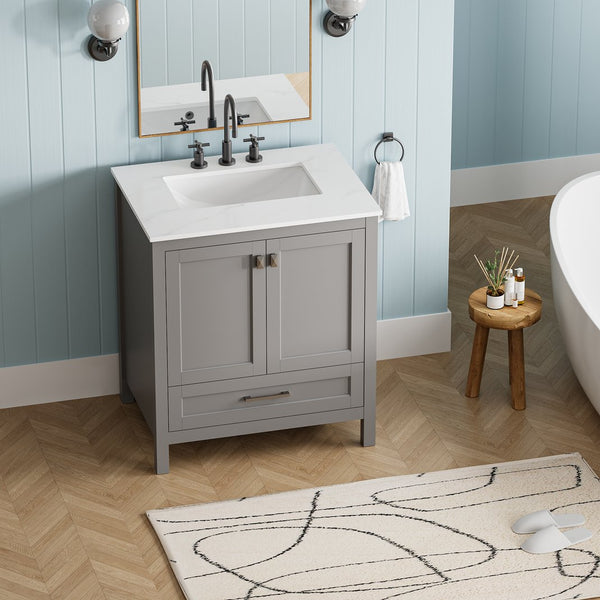 English Elm 30" Freestanding Grey Vanity Solid Wood Cabinet Carrara Marble Top Ceramic Sink W1573P237850