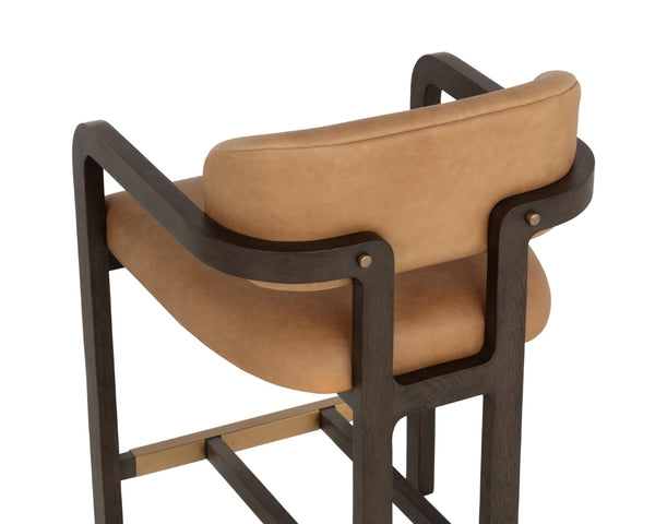 Sunpan MADRONE Counter Stool - Modern Brown Oak Frame with Low-Back Ludlow Sesame Leather Comfort Seat 112681