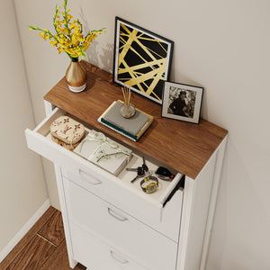 English Elm Shoe Storage Cabinet Slim 3 Flip Drawers + 1 Drawer, Holds 12-15 Pairs, Durable MDF & Metal Frame, Alabaster090 W2948P245239