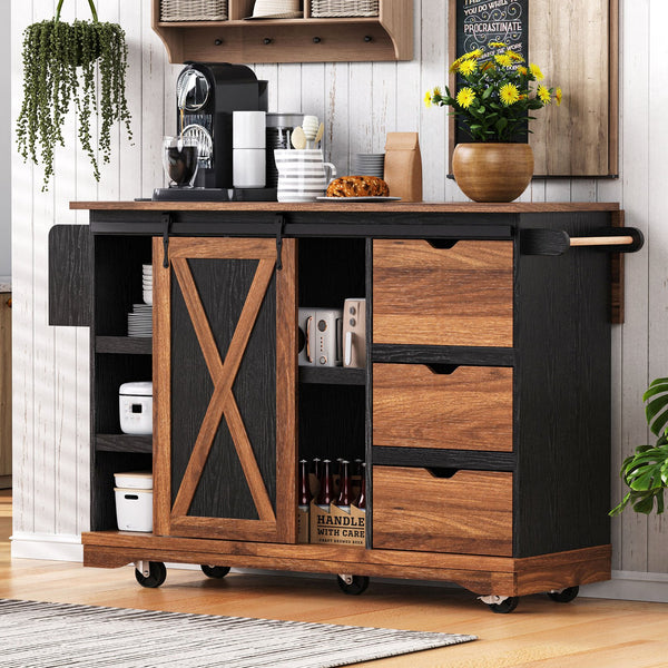English Elm K&K 55.5" Farmhouse Kitchen Island with Sliding Barn Door, Drop Leaf, Charging Station, Wheels Black N707P288229B