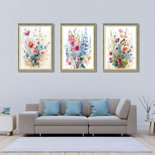 English Elm Set Of 3 Colorful Floral Wall Art – Modern Botanical Prints With Replaceable Canvas In Wood Frames T3976P383167-GIGA