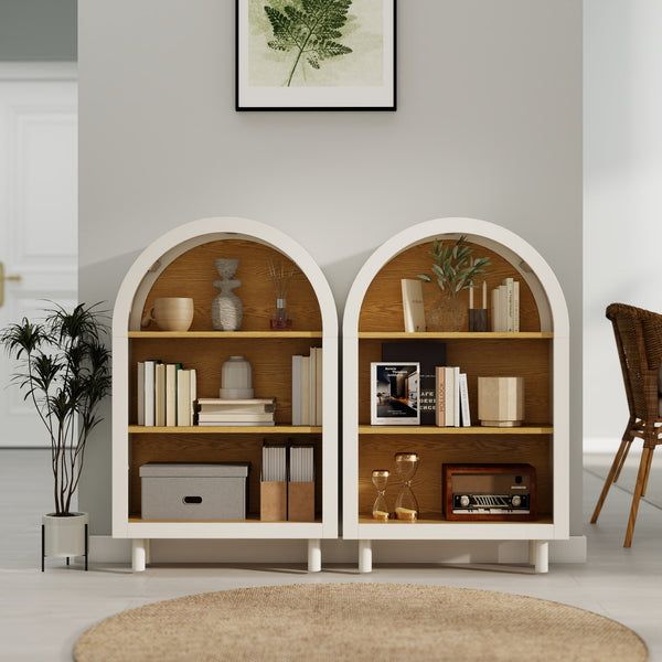 English Elm Arched Bookcase Set of 2 Three Tier Mdf Shelving with Warm Woodgrain Accent W2557P475972