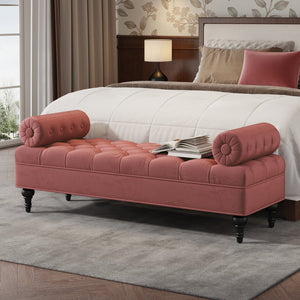 English Elm Modern Tufted Velvet Bench with Gourd Legs and Pillows for Bedroom Entryway Pink N761P335807H