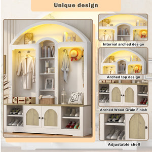 English Elm Multi-functional Hall Tree with Mdf Body Open Shelves Hooks and Scandinavian Two-tone Style White+Walnut SJ000158AAK