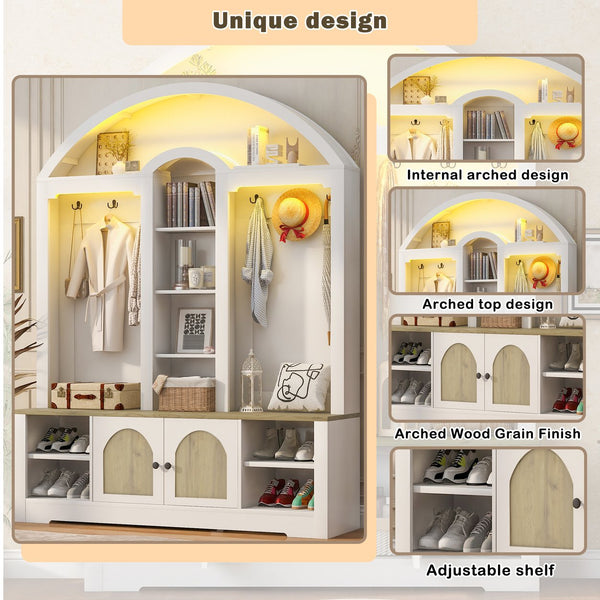 English Elm Multi-functional Hall Tree with Mdf Body Open Shelves Hooks and Scandinavian Two-tone Style White+Walnut SJ000158AAK