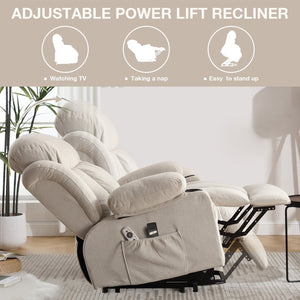 English Elm Power Lift Recliner Chair with Heat & 4-Point Massage, USB Port, Cup Holders, Remote for Living Room Beige W1521P303189