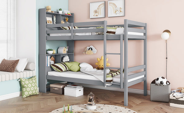 English Elm Twin Over Twin Bunk Bed With Storage Shelves, Safety Guardrails, Ladder & Convertible Design In Grey W504S00213-GIGA