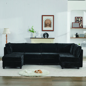 English Elm Corduroy Plush U-Shaped Sectional Sofa with Storage Ottoman, Pet-Friendly Durable Modular Comfort Black W2915S00063
