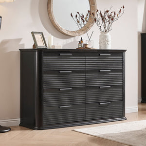 English Elm Fluted Wave Panel 7 Drawer Mdf Dresser Modern Bedroom Storage with Tv Stand Top Black Woodgrain T5326P425098