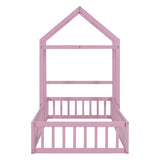 English Elm Wooden Floor Bed With Fence Railings and Detachable House Shape Headboard, Twin Size Bed With Kids Dress Up Rack, Kids Montessori Style Playhouse Frame For Girls Boys, Pink