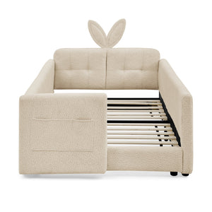 English Elm Twin Boucle Upholstered Kids Bed Whimsical Rabbit Ear Headboard with Safety Rail Camel W1413P407488