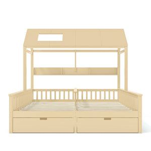 English Elm Double Twin House Bed Pine Wood Frame Kids Playhouse Bunk with Storage Drawers Natural W5305S00007