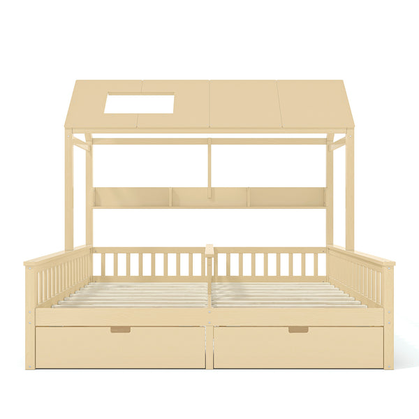 English Elm Double Twin House Bed Pine Wood Frame Kids Playhouse Bunk with Storage Drawers Natural W5305S00007