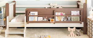 English Elm Twin Pine Floor Bed for Kids with Side Bookcases Built-in Stairs and Safety Guardrails Beige W1580P390214