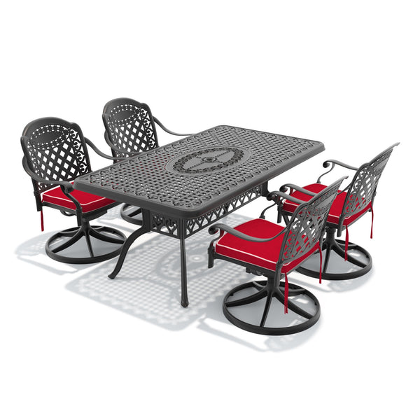 English Elm 5-piece Outdoor Cast Aluminum Dining Set with Swivel Chairs and Ornate Carved Patio Table W1710S00319