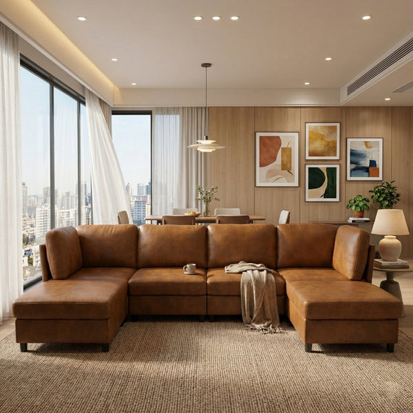 English Elm Modern Configurable Sectional Sofa Foil Fabric Low Profile Living Room Seating Light Brown W5568S00052
