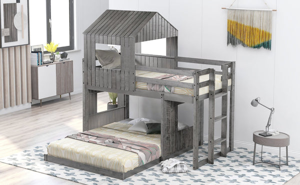 English Elm Wooden Twin Over Full Bunk Bed Farmhouse Playhouse Design with Ladder Guardrails LT000327AAE-1