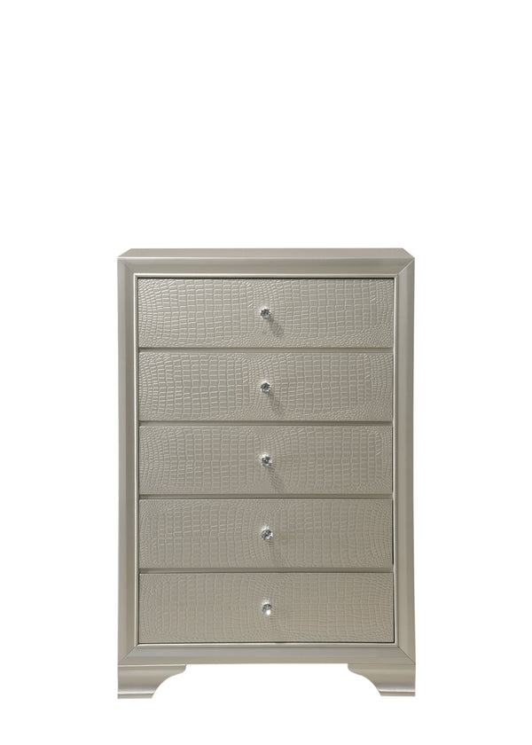 English Elm 1pc Glam Five-Drawer Embossed Crocodile Finish Chest with Felt-Lined Top Drawer and Dovetail Joinery Champagne 33.31 L x 18.58 W x 49.69 H B011P216716
