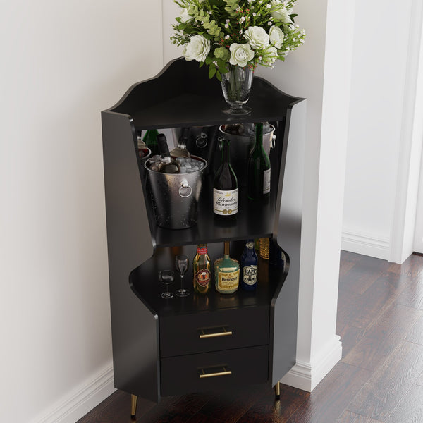 English Elm Wooden Corner Bar Cabinet with Mirrored Back, High Legs, 2 Shelves & 2 Drawers for Stylish Storage Black W2899P374344