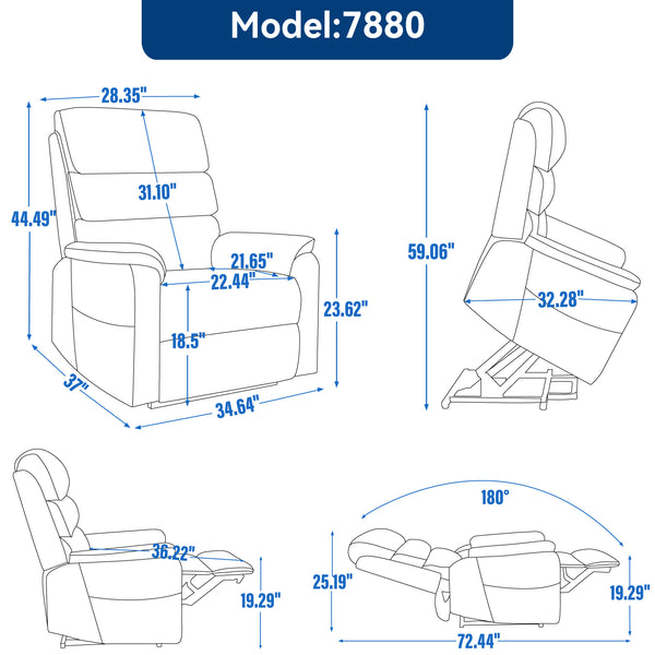 English Elm Dual Motor Power Lift Recliner with Massage Heat and 180 Degree Brown Lounge Chair Grey W1803S00062